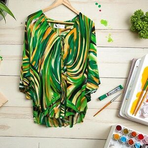 Creation Luz Green Orange Abstract Print Flowy Top Size OS